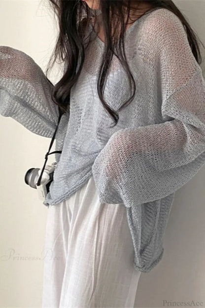 Blouse Chic à Manches Longues Lâche en Tricot avec Ouvrages