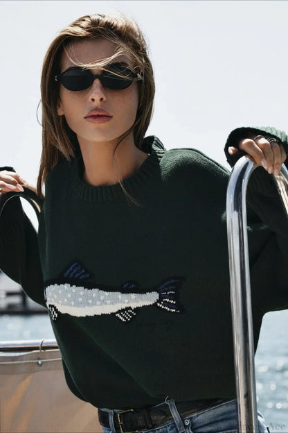 Pull Sweatshirt Imprimé Poisson Surdimensionné