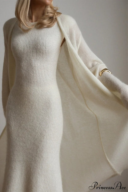 Ensemble Vintage en Tricot avec Cardigan et Robe Sans Manches